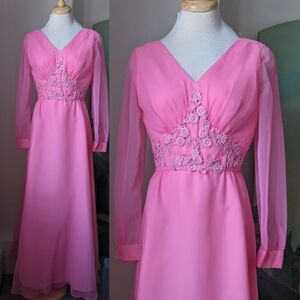 Vintage 1970s Jeri Originals Hot PINK Maxi Dress gown